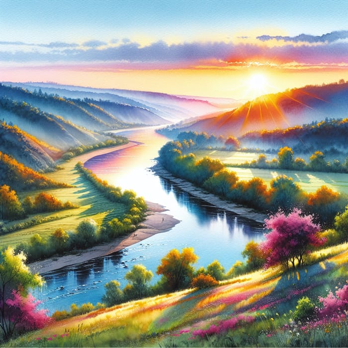 Tranquil Nature Watercolor: Hills and River