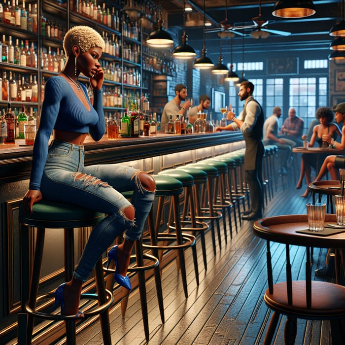 Hyper Realistic Bar Scene Illustration with African American Woman and Bartender Pouring Drinks