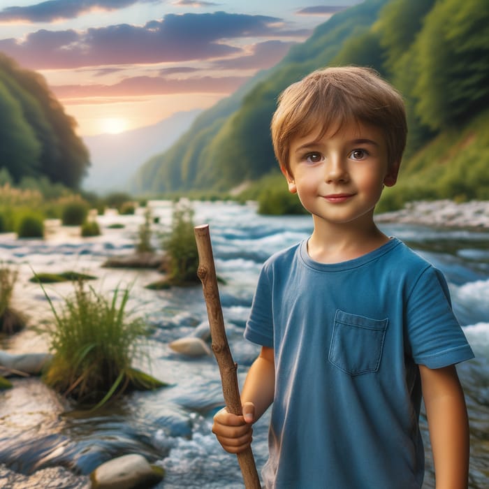 Boy by River in Blue T-Shirt | Beautiful Sunset Landscape