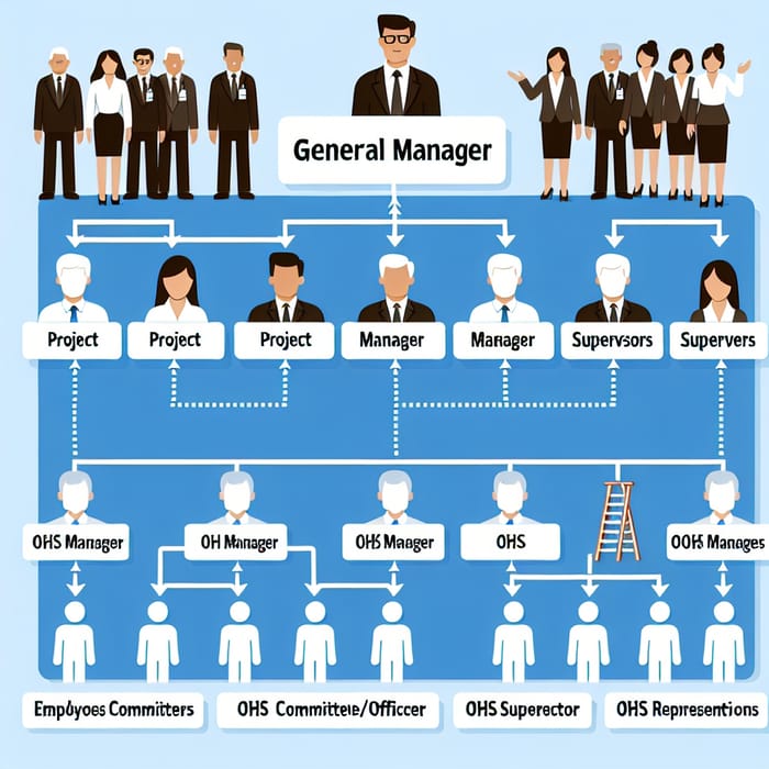 Organizational Structure: GM, PM, OHS Mgr, Supervisors, Employees, OHS Committee & Reps