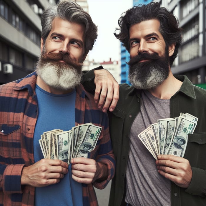 Two Middle-Aged Men with Beards and Dollar Bills in Urban Setting