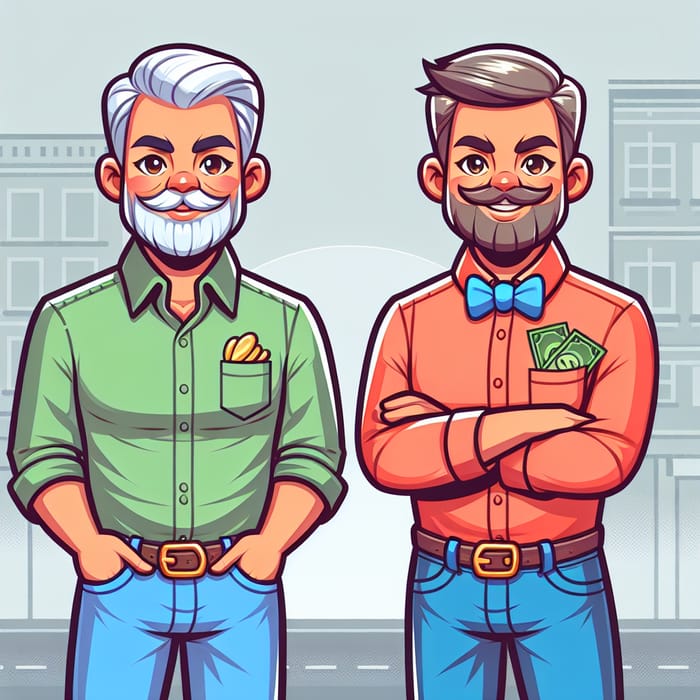 Charming Bearded Cartoon Men with Overflowing Dollar Pockets