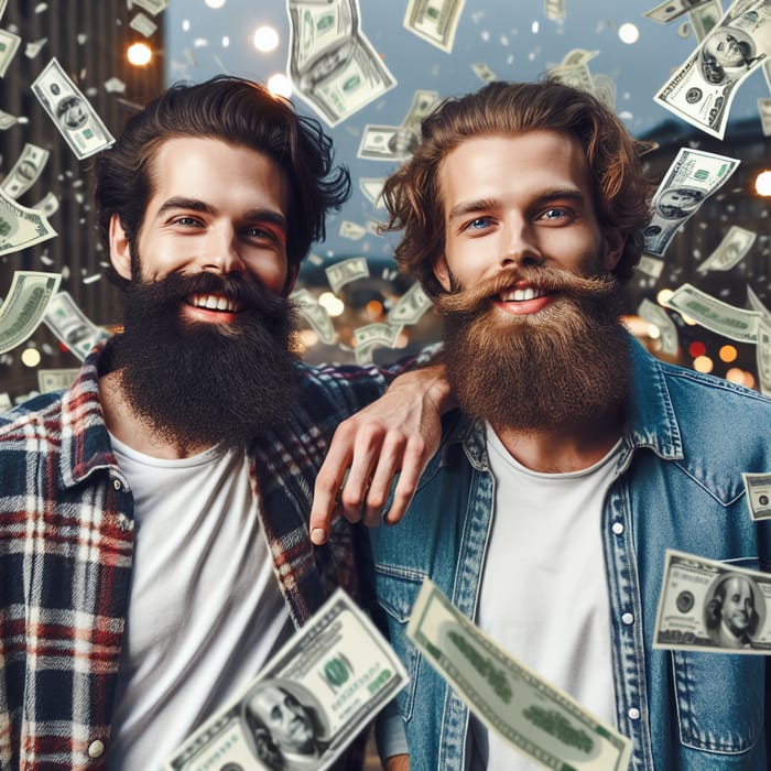 Diverse Bearded Men Celebrate in Money Rain | City Background