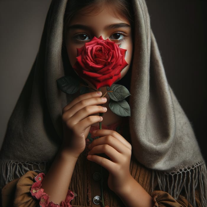 Modest Girl in Earth-Colored Dress with Silver Shawl and Red Rose