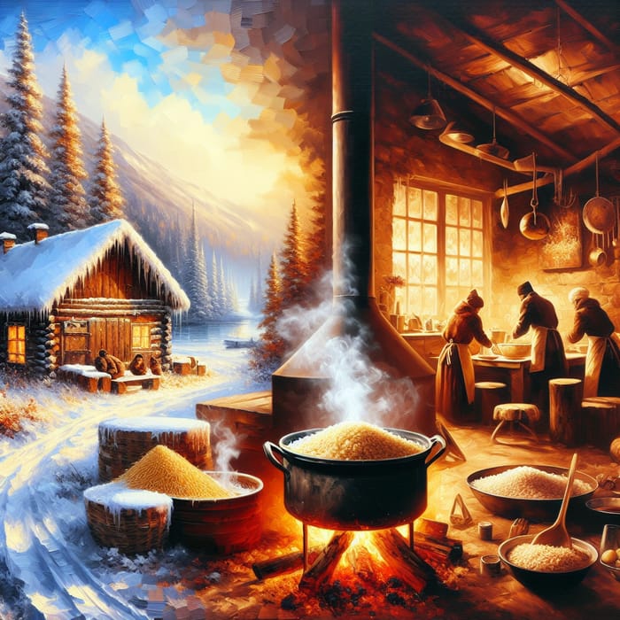 Cozy Winter Rice Dishes: Serene Landscapes & Homely Kitchen Scenes