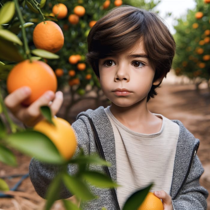 Young Boy Enjoying Citrus Trees in an Orange Orchard