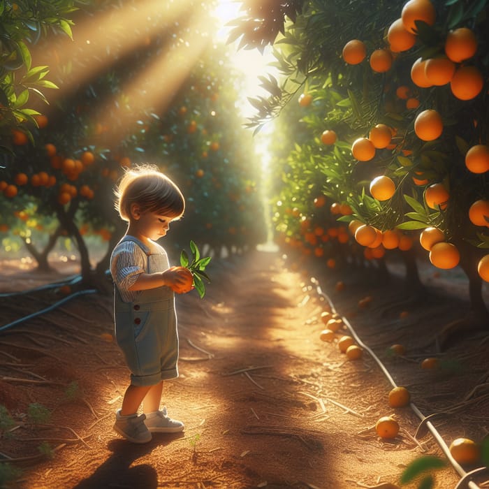 Child in Illustrated Stroll through Orange Grove | Natural Freshness