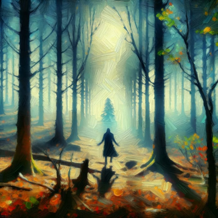 Enigmatic Figure in Lush Forest - Fantasy Impressionist Scene