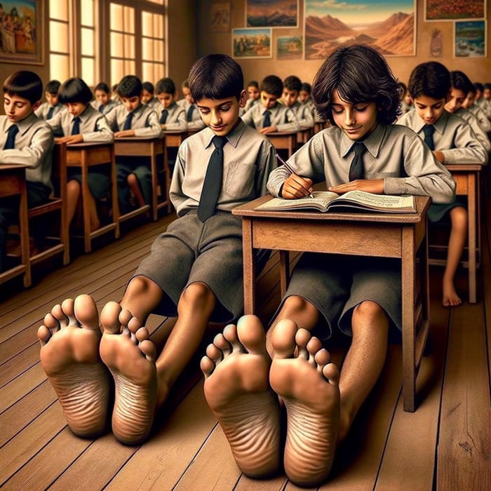 Intricate Scene of Middle-Eastern School Children Studying Barefoot