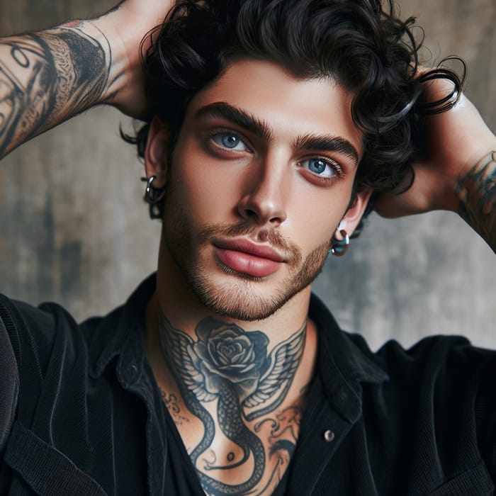 Tall Caucasian Man with Blue Eyes and Curly Black Hair and Tattoos