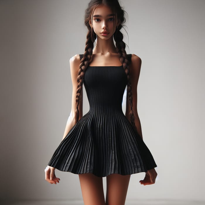 Elegant South Asian Girl in Black Dress with Braids Standing Gracefully