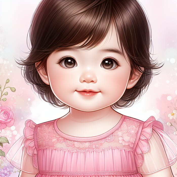 Beautiful East Asian Baby Girl in Soft Pink Dress - Illustration
