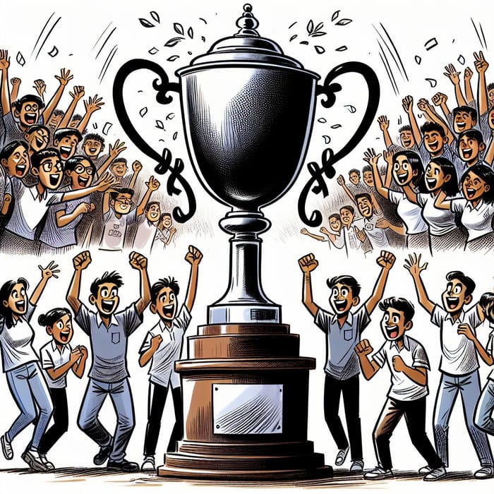 Diverse Crowd Cheering with Oversized Trophy | Editorial Cartoon Scene