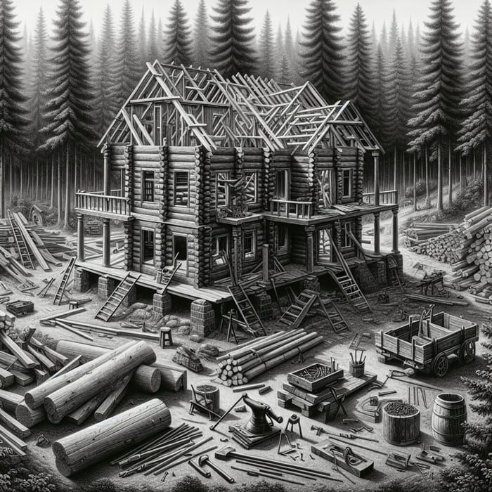 Detailed Black and White Construction Scene in Forest