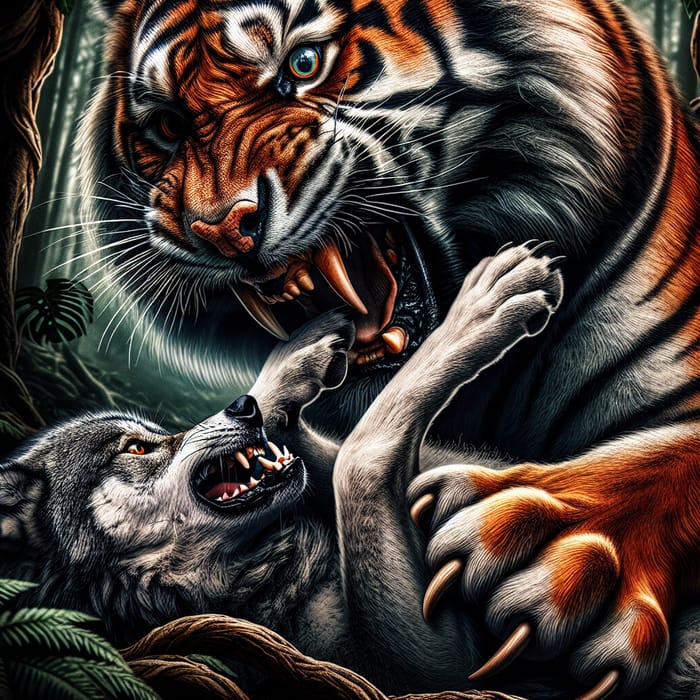 Fierce Tiger Capturing Gray Wolf in Dense Jungle