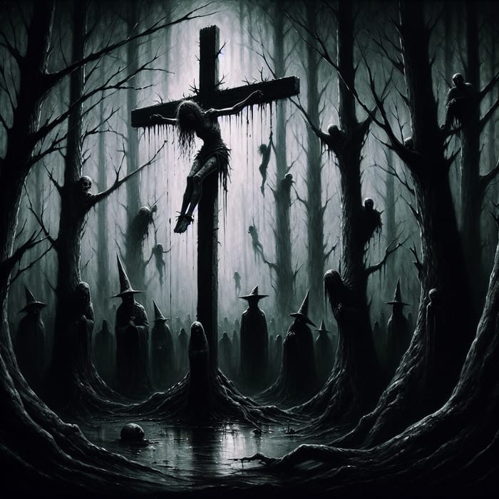 Cursed Woman Nailed on Cross in Dark Woods - Haunting Scene