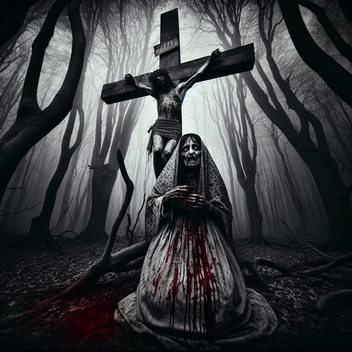 Cursed Woman Crucified in Haunting Gothic Woods