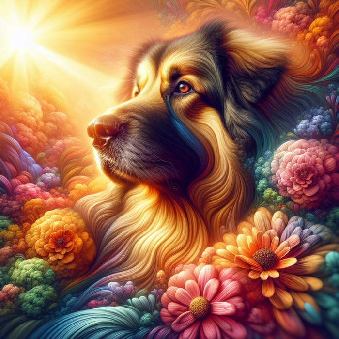 Majestic Dog in Color-Rich Garden: Wisdom and Elegance Displayed