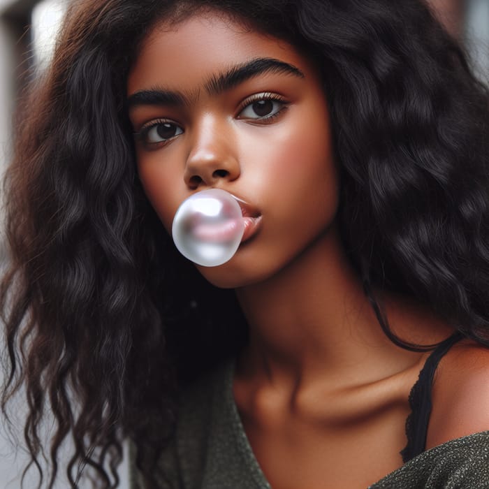 Young Black Woman Blowing Chewing Gum Bubble