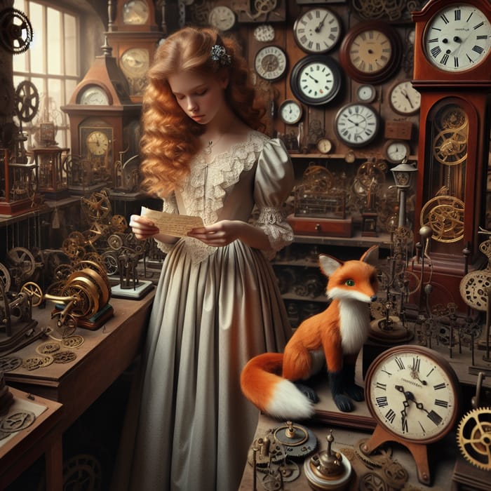 Enchanting Clockmaker’s Shop Scene with Girl, Ginger Hair & Wind-Up Fox