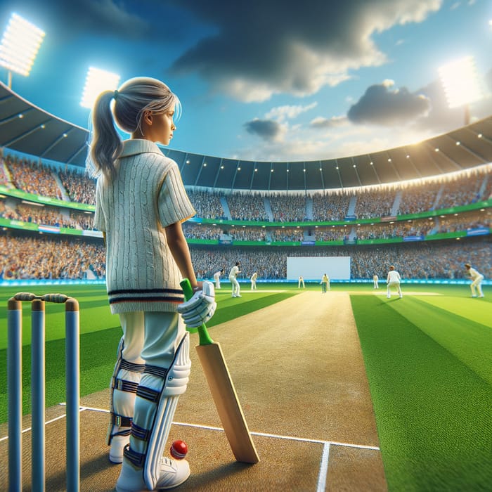 Vibrant Cricket Stadium with Determined Caucasian Girl