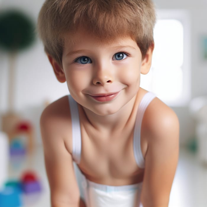 Cute 8-Year-Old Boy with Blue Eyes in White Diaper