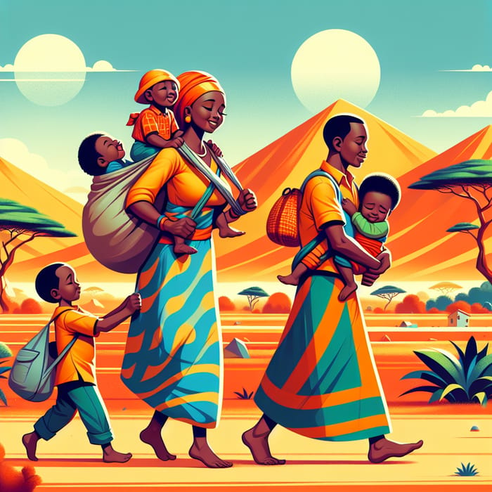 African Woman Carrying Husband, Children, and Bag in Vibrant Scene
