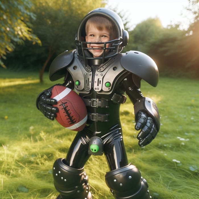 Little Boy in Football Gear and Latex Suit Outdoors