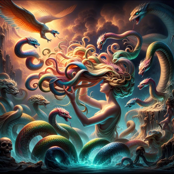 Medusa's Serpent Hair Transformation: Vibrant Digital Illustration
