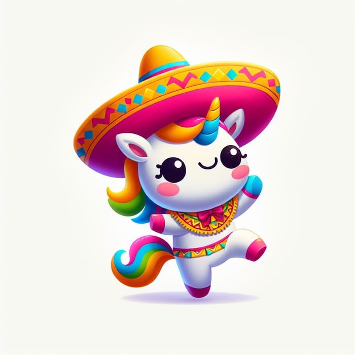 Childlike Cartoon Unicorn Dancing in Mexican Attire