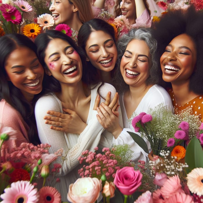 International Women's Day Celebration with Multiracial Women and Vibrant Flowers - Spreading Happiness and Warmth