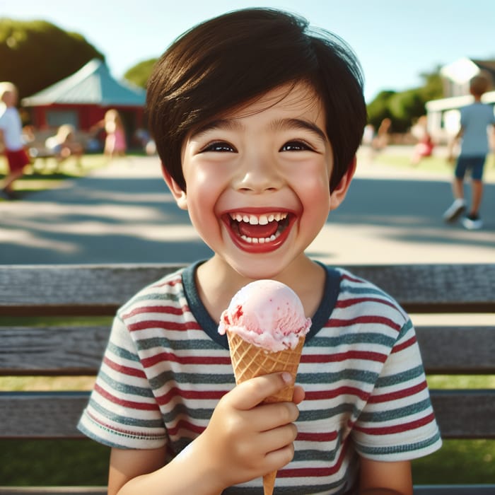 Smiling Boy Eating Strawberry Ice Cream