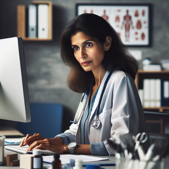 Serious Indian Female Doctor Working at Desk with Computer Monitor