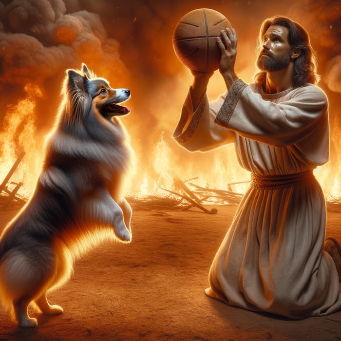 Dog Playing Basketball with Jesus in Fiery Background