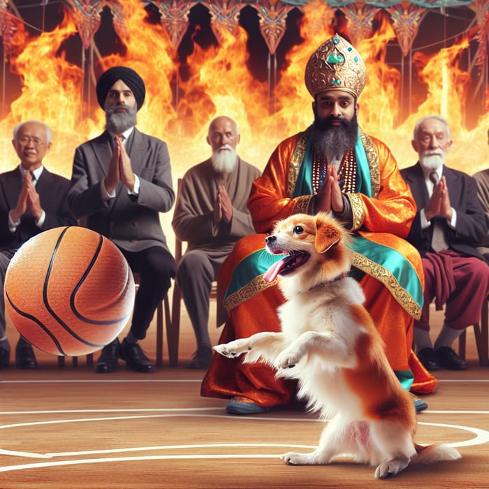 Dog Spinning Basketball with Jesus - Fiery Game Scene