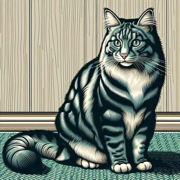 Tabby Cat on Green Carpet - Beautiful Feline