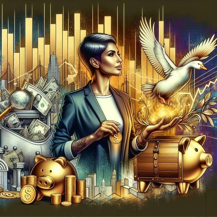 Modern Financial Success Illustration with Latina Woman and Golden Goose