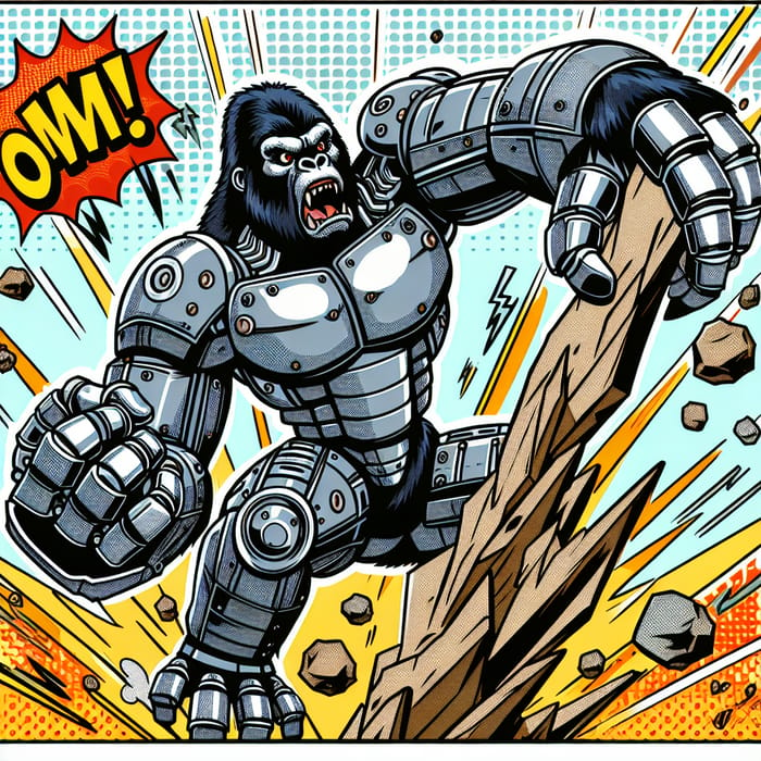 Robot Gorilla Wall Climbing amidst Comic-Style Explosions