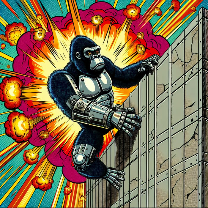 Gorilla Robot Scaling Wall Amid Colorful Comic Explosions