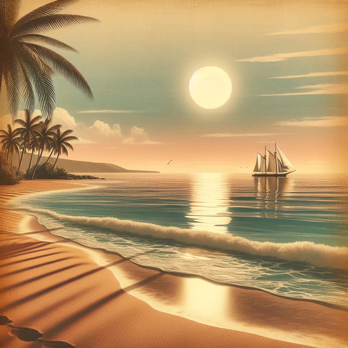 Tranquil Coastal Landscape with Sandy Beach and Sailboat at Sunset