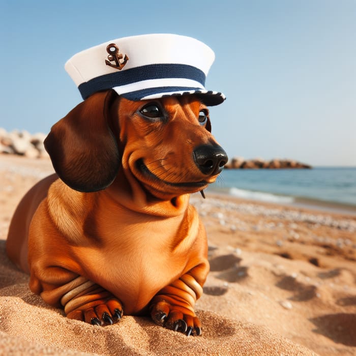 Cute Sailor Dachshund Relaxing at Seashore