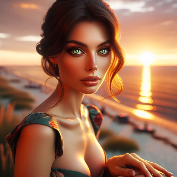 Captivating Woman by Beach | Emerald Eyes & Sunset Gaze