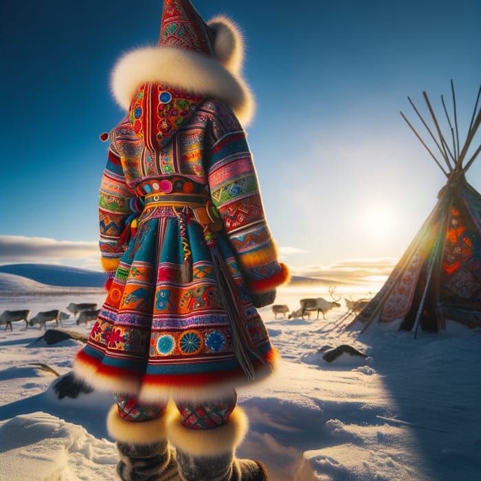 Sámi Person in Traditional Clothing: Indigenous Elegance in Snowy Landscape