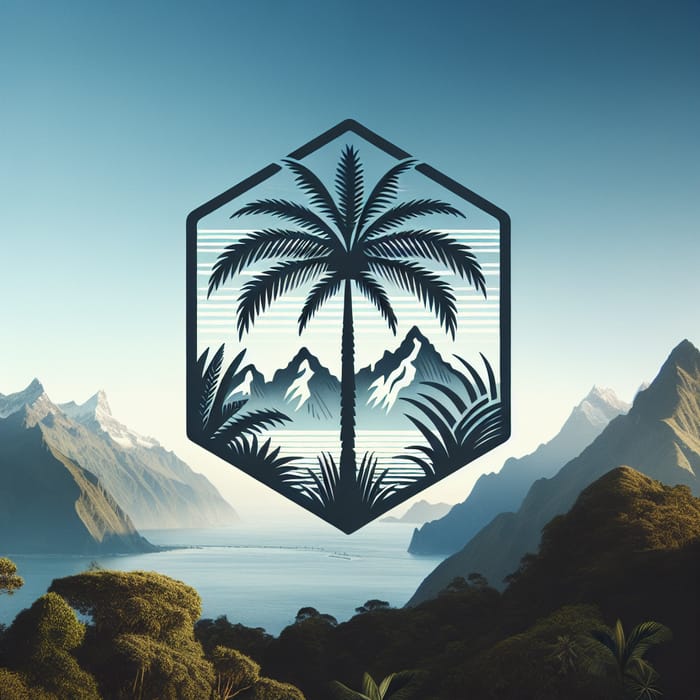 Exotic Destination Logo with Palm Tree and Mountains