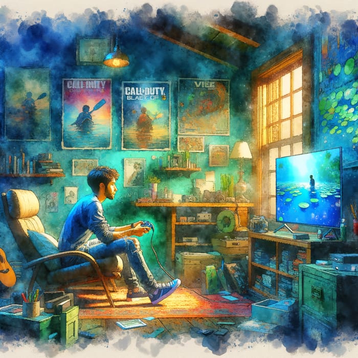 Vibrant Gamer's Retreat: Watercolor Bedroom Illustration