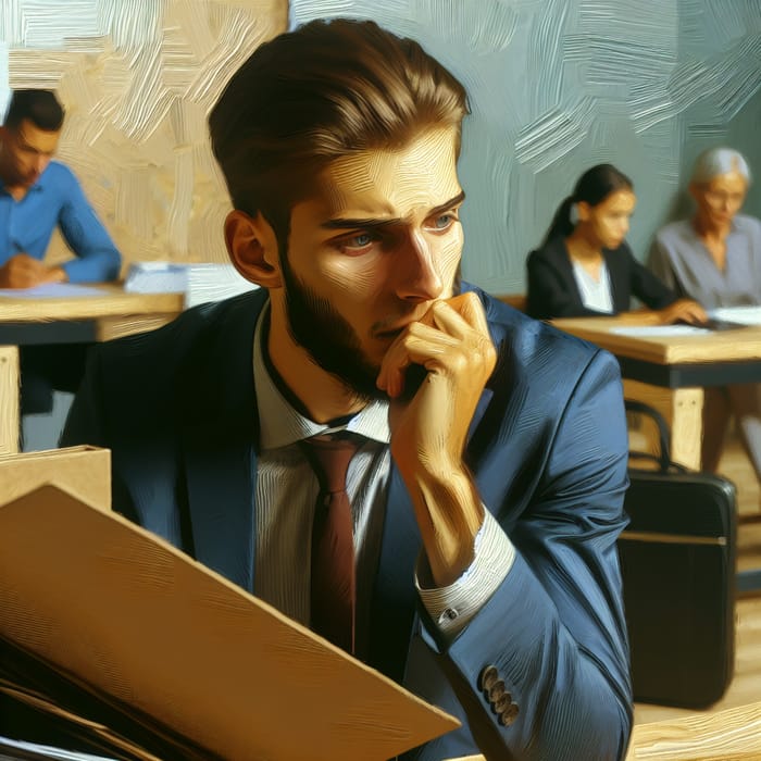 Worried Workplace Professional in Traditional European Oil Painting Style