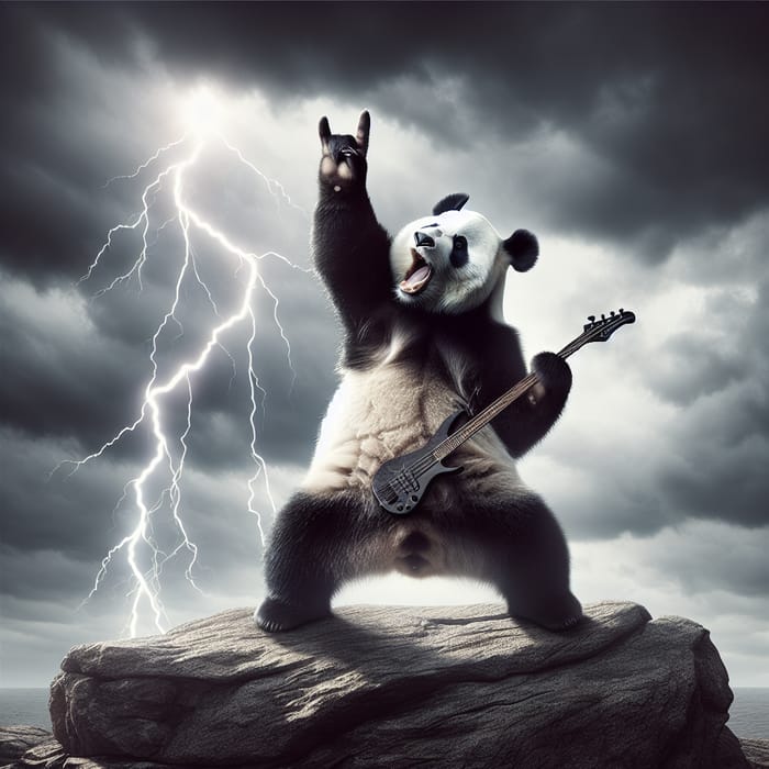 Rock and Roll Panda on Rugged Stone in Stormy Sky with Lightning