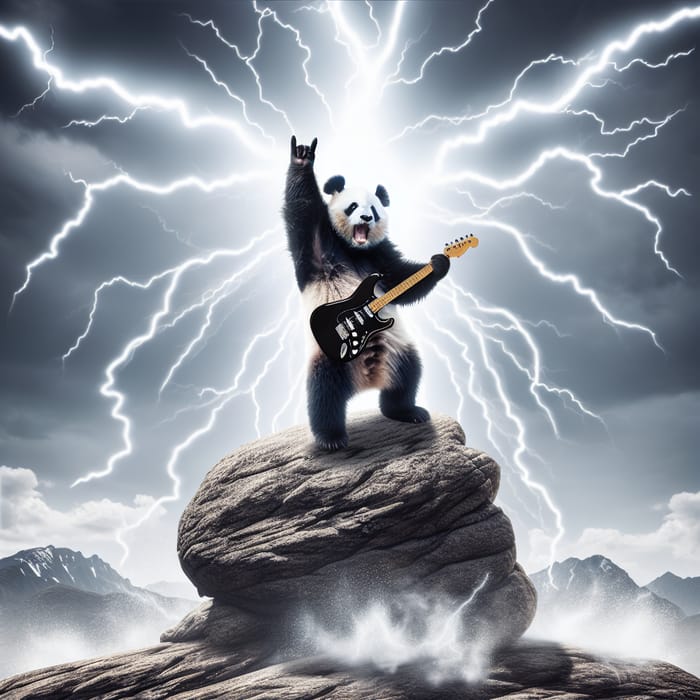 Panda Rock and Roll Pose with Lightning Sky