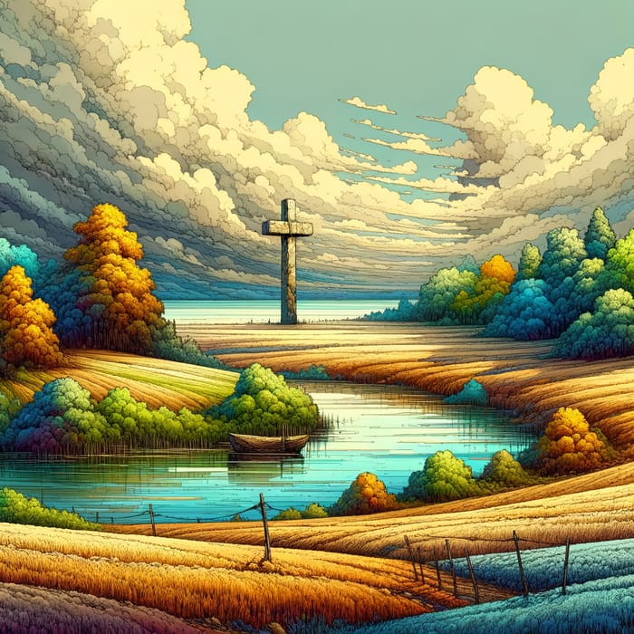 Picturesque 2D Landscape: Vast Soil, Large Cross, Lake, Woods