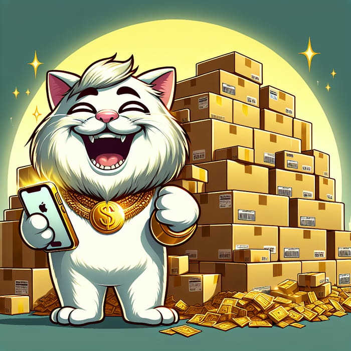 Luxurious Cartoon Cat with Smartphone and Amazon Boxes